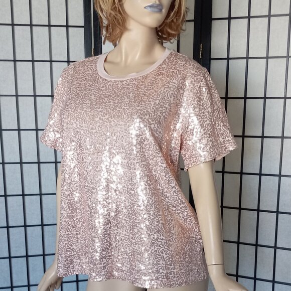 NWOT DKNY Rose Gold Sequin Short Sleeve Top Size XL Glamorous & Stretchy - Picture 3 of 7